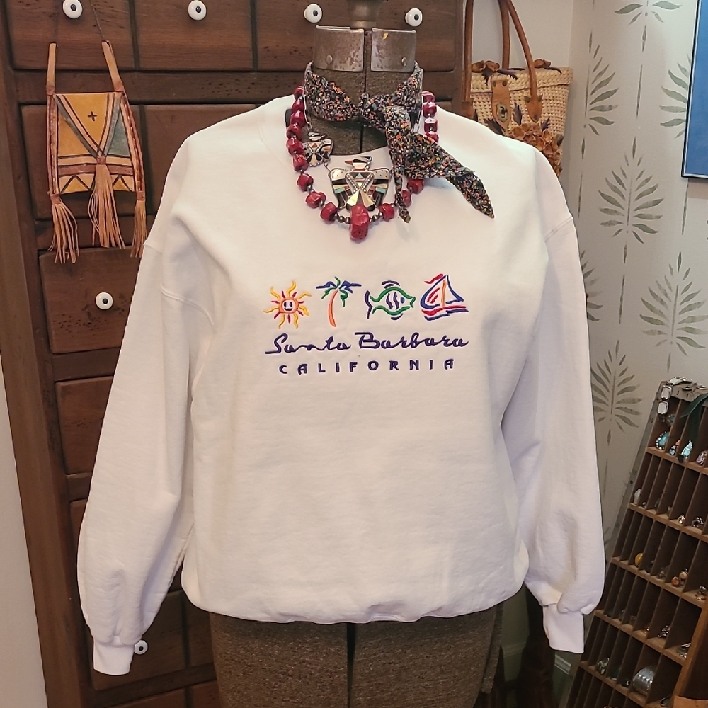 Vintage Jerzees White Santa Barbara California Embroidered Sweatshirt Size LARGE